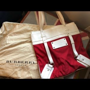 Burberry red canvas & white leather trim tote